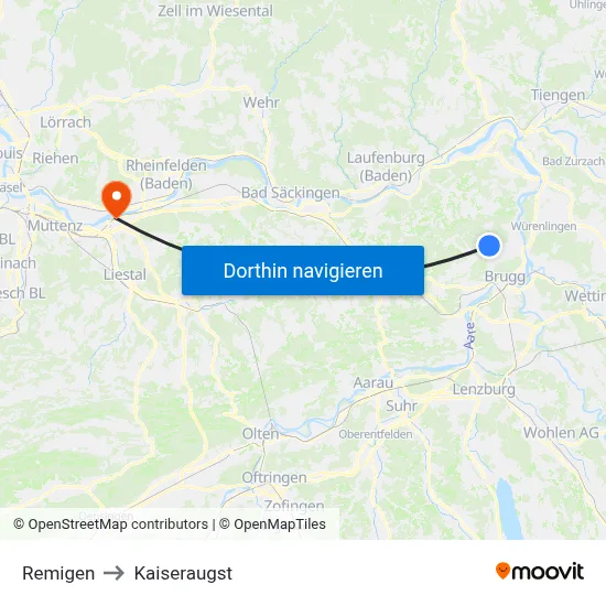 Remigen to Kaiseraugst map