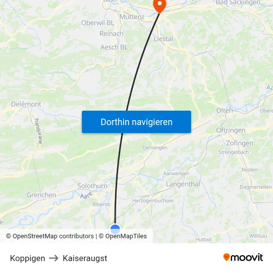 Koppigen to Kaiseraugst map