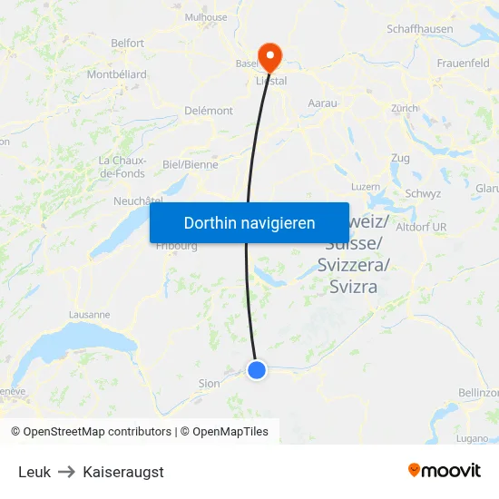 Leuk to Kaiseraugst map