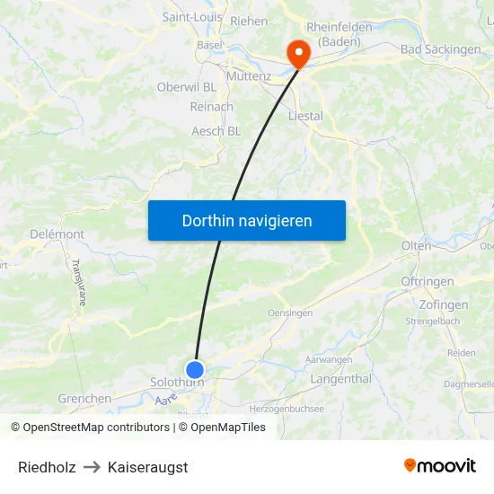 Riedholz to Kaiseraugst map