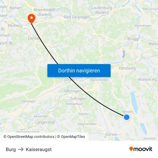 Burg to Kaiseraugst map