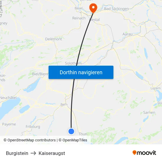 Burgistein to Kaiseraugst map