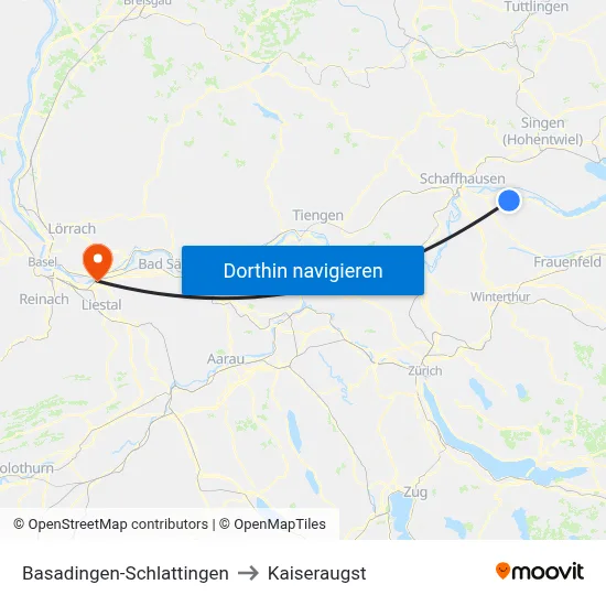 Basadingen-Schlattingen to Kaiseraugst map