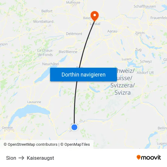 Sion to Kaiseraugst map
