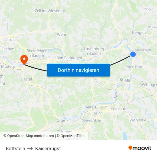 Böttstein to Kaiseraugst map