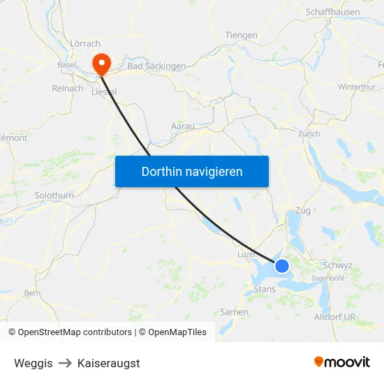 Weggis to Kaiseraugst map