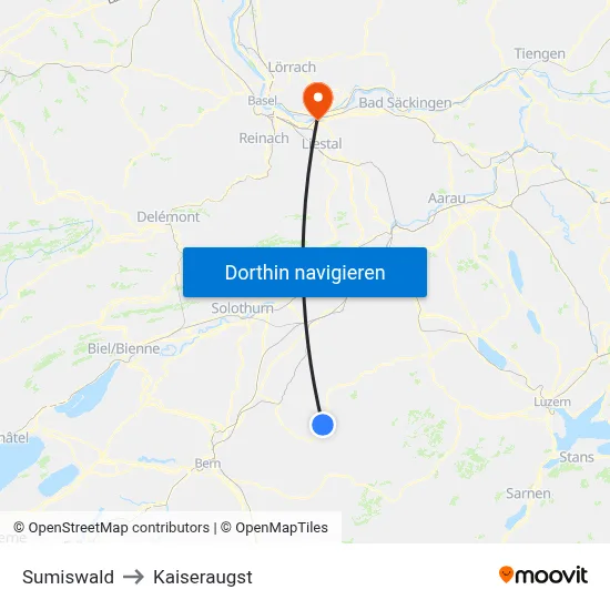 Sumiswald to Kaiseraugst map