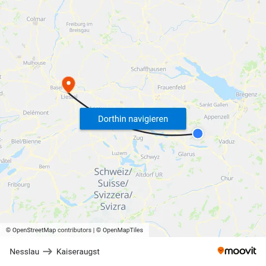 Nesslau to Kaiseraugst map