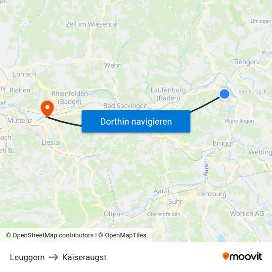 Leuggern to Kaiseraugst map