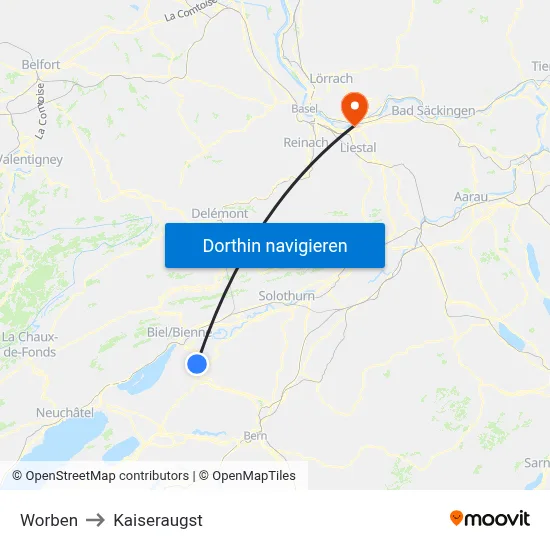 Worben to Kaiseraugst map