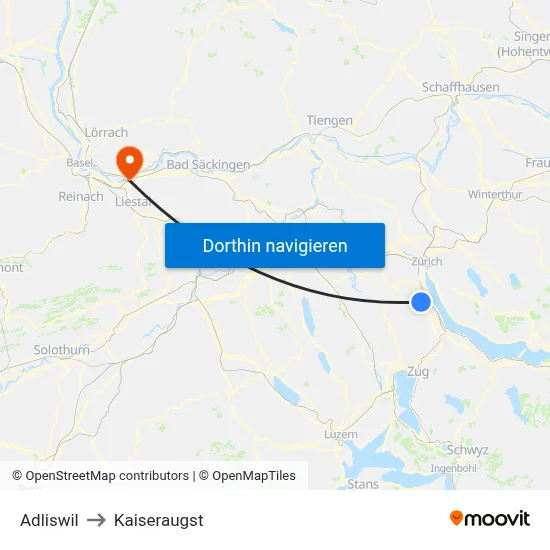 Adliswil to Kaiseraugst map