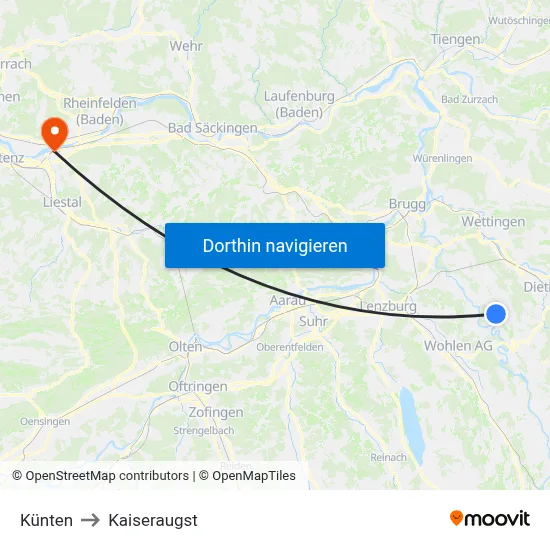 Künten to Kaiseraugst map