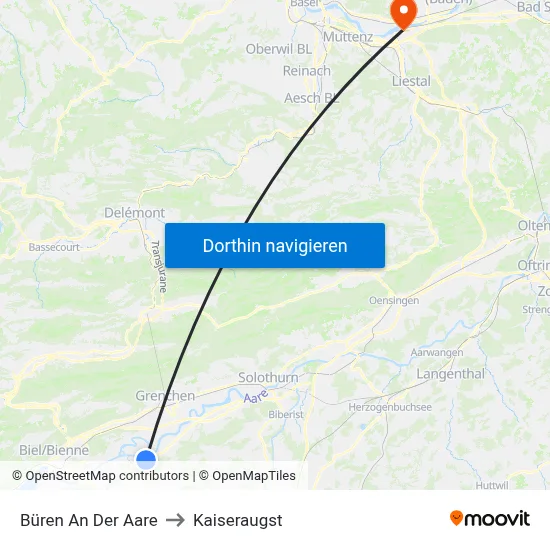 Büren An Der Aare to Kaiseraugst map