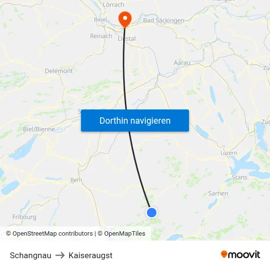 Schangnau to Kaiseraugst map