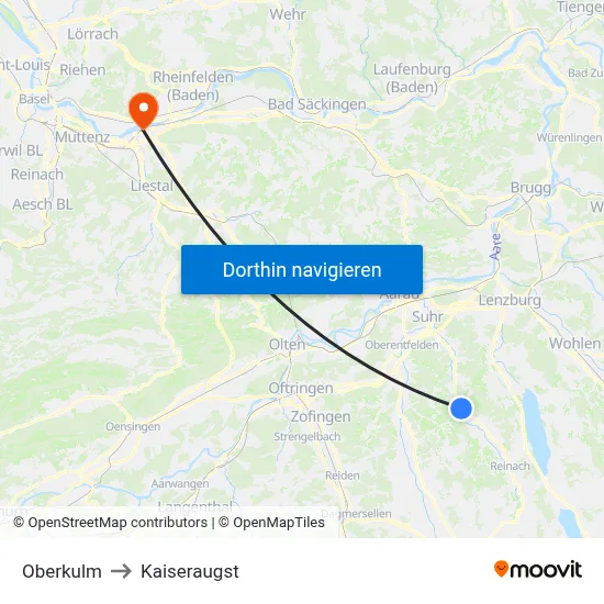 Oberkulm to Kaiseraugst map