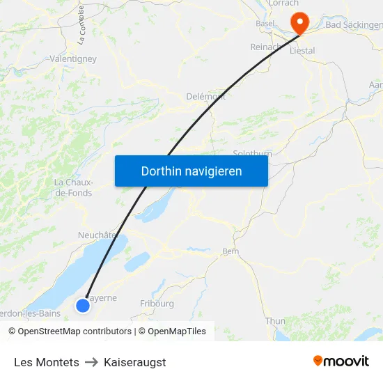 Les Montets to Kaiseraugst map