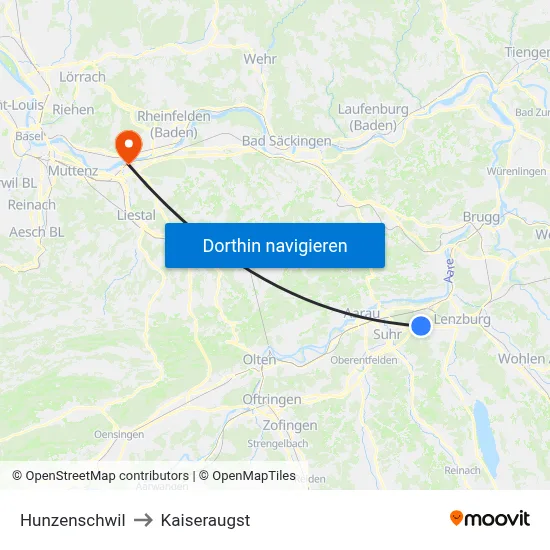 Hunzenschwil to Kaiseraugst map