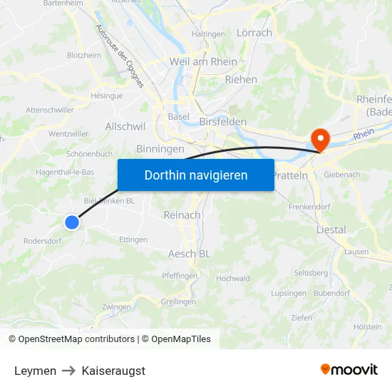 Leymen to Kaiseraugst map