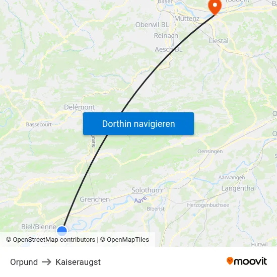 Orpund to Kaiseraugst map