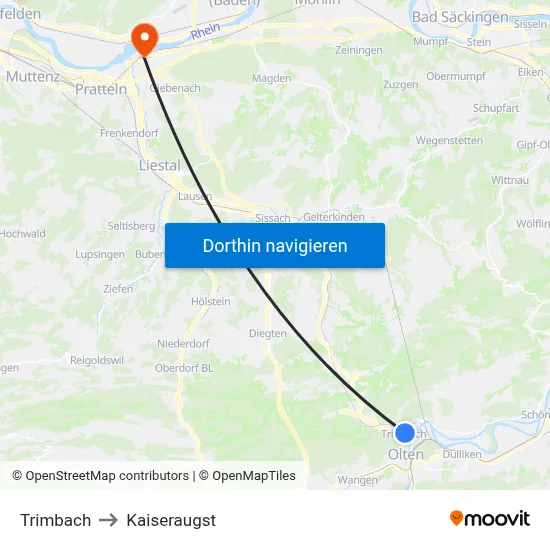 Trimbach to Kaiseraugst map