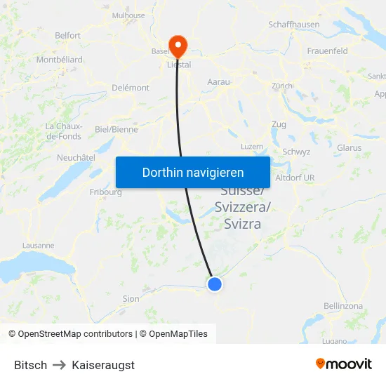 Bitsch to Kaiseraugst map