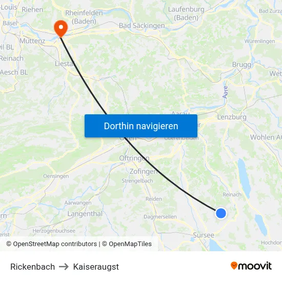 Rickenbach to Kaiseraugst map