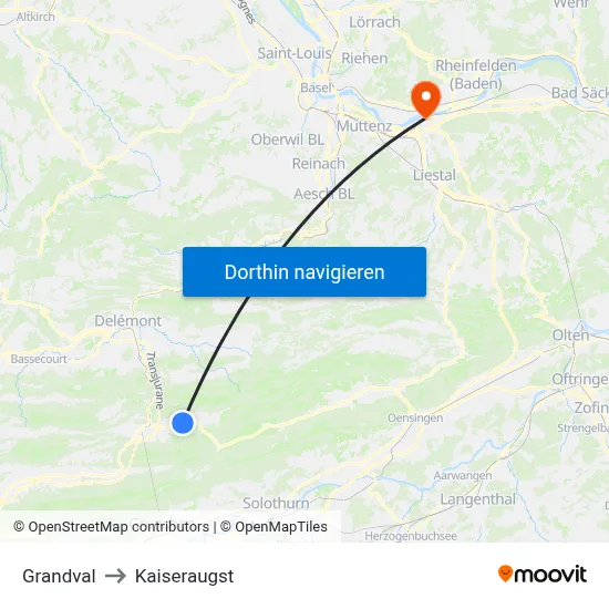 Grandval to Kaiseraugst map