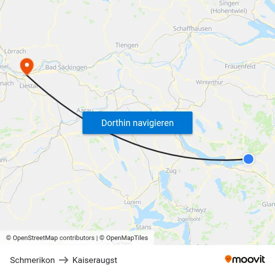 Schmerikon to Kaiseraugst map