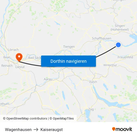 Wagenhausen to Kaiseraugst map
