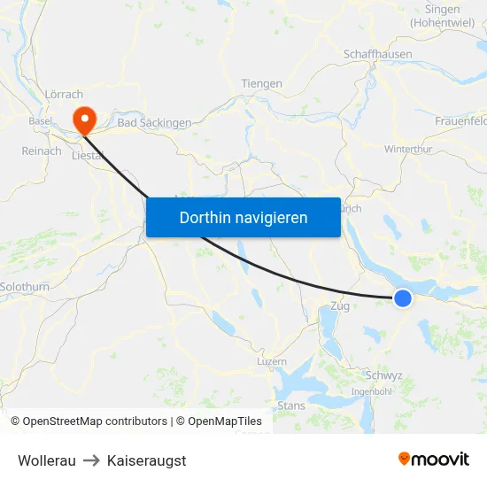 Wollerau to Kaiseraugst map