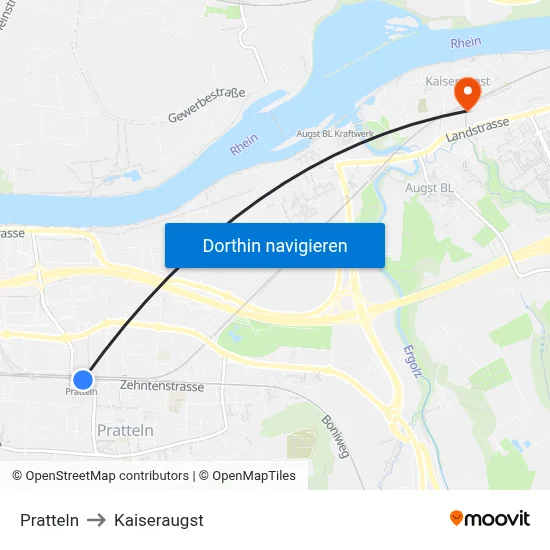 Pratteln to Kaiseraugst map