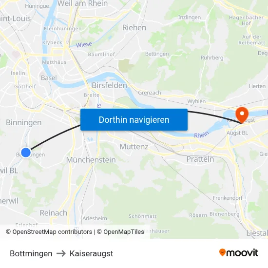 Bottmingen to Kaiseraugst map