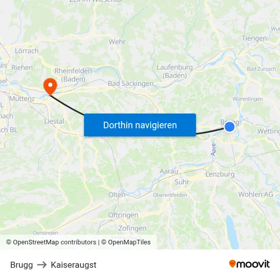Brugg to Kaiseraugst map