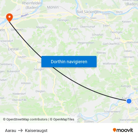 Aarau to Kaiseraugst map