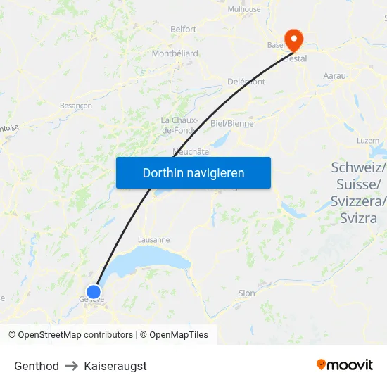 Genthod to Kaiseraugst map
