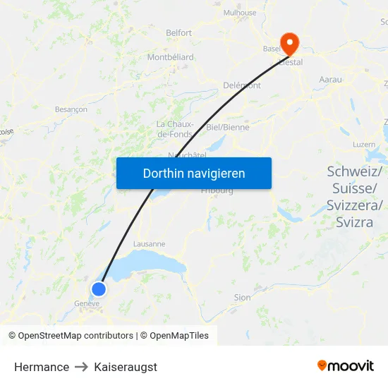 Hermance to Kaiseraugst map