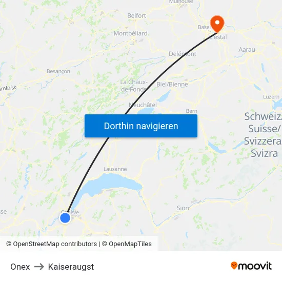 Onex to Kaiseraugst map