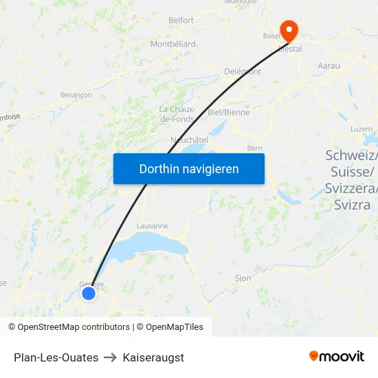 Plan-Les-Ouates to Kaiseraugst map