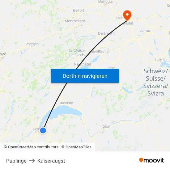 Puplinge to Kaiseraugst map