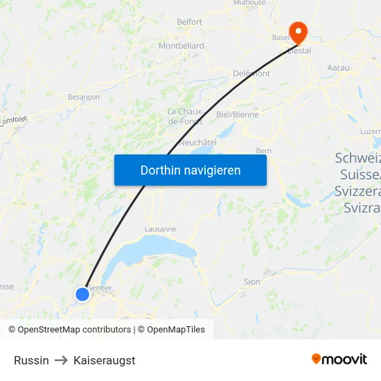 Russin to Kaiseraugst map