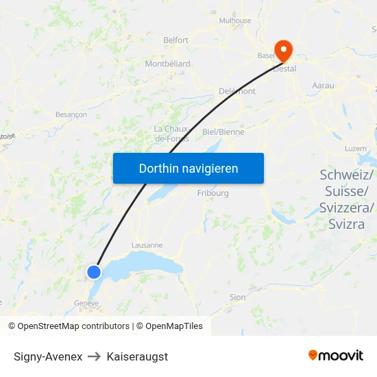 Signy-Avenex to Kaiseraugst map