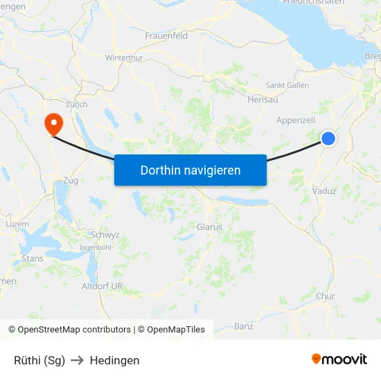 Rüthi (Sg) to Hedingen map