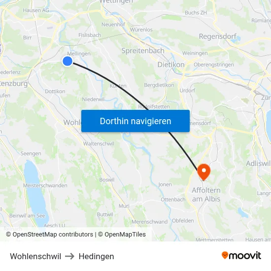 Wohlenschwil to Hedingen map