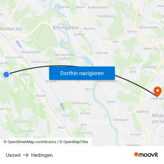 Uezwil to Hedingen map