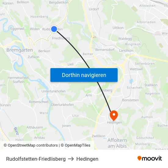 Rudolfstetten-Friedlisberg to Hedingen map