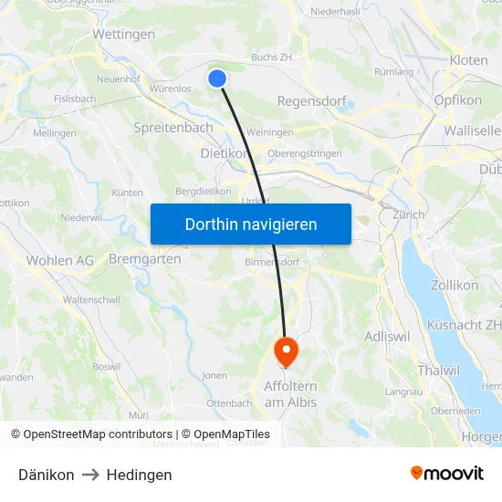 Dänikon to Hedingen map