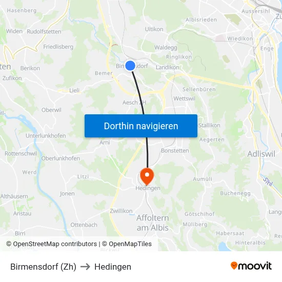 Birmensdorf (Zh) to Hedingen map