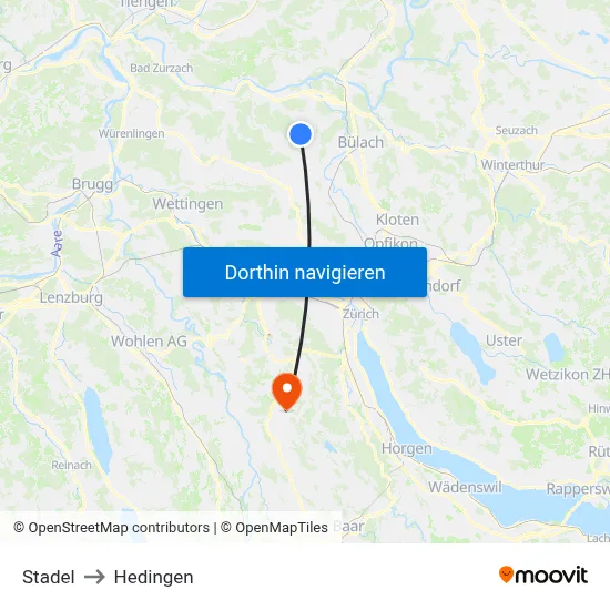 Stadel to Hedingen map
