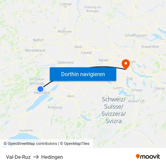 Val-De-Ruz to Hedingen map