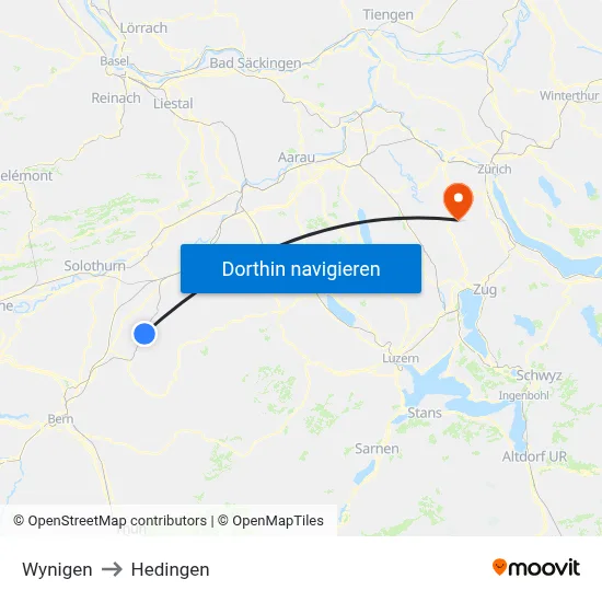 Wynigen to Hedingen map